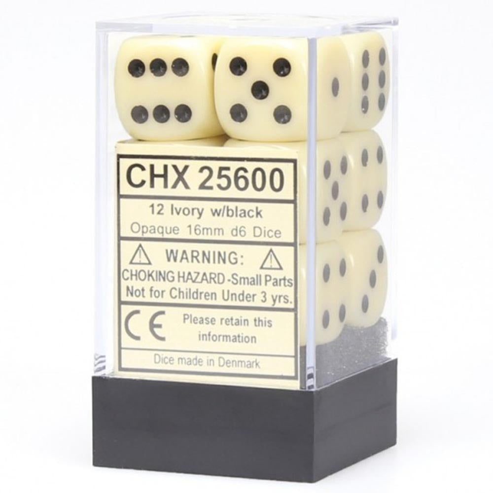 Chessex - Ivory/black 16mm d6 - 12stk