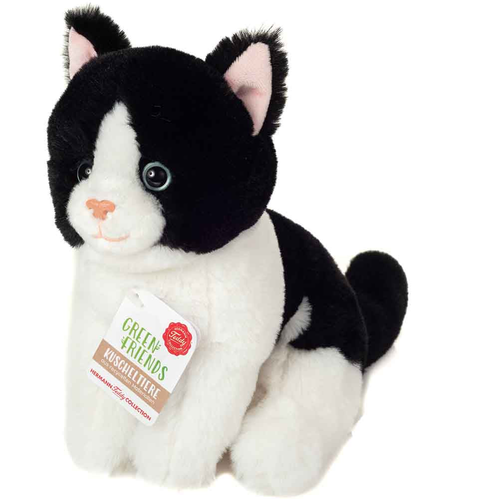 Hermann Teddy - Siddende kat sort-hvid 20 cm