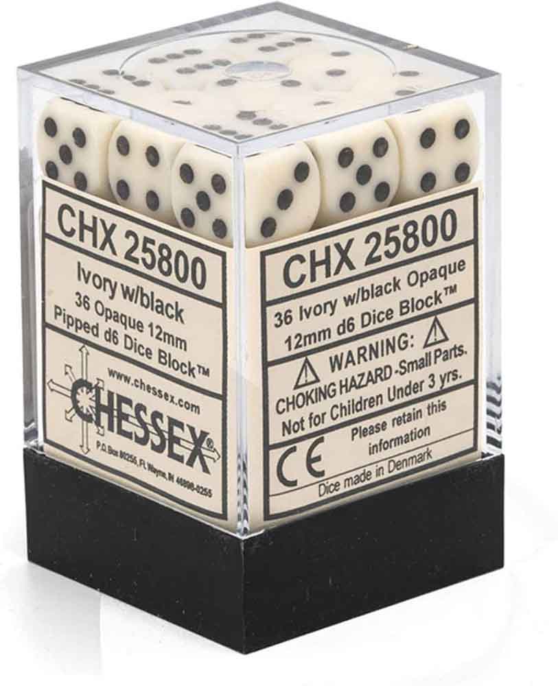 Chessex - Ivory/black - 12mm - d6 - 36stk